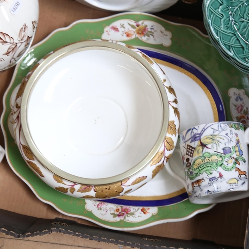 482 - Green Majolica plates, Godspeed The Plough mugs etc