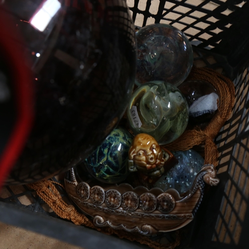 487 - A large amethyst glass ball, a hair switch, paperweights etc