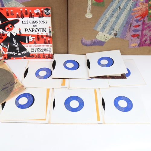 503 - Papotin records, and 2 needlework panels 