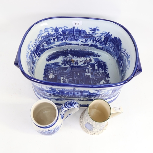 515 - A reproduction blue and white transfer printed foot bath, a Continental mug, and a Doulton mug