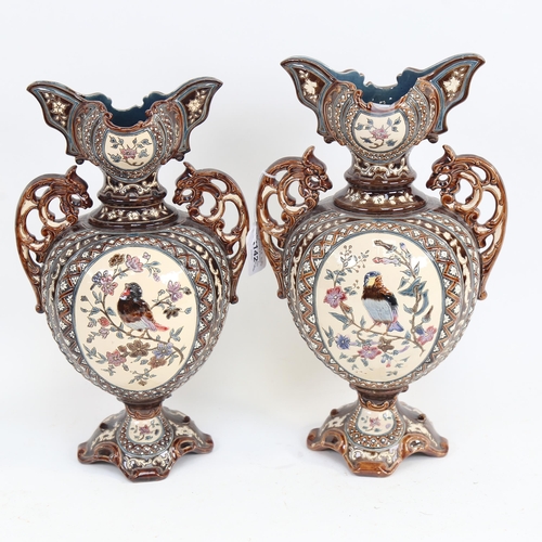 516 - A pair of Majolica pottery 2-handled vases, with relief moulded garden bird design panels, height 36... 