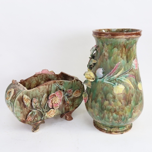 554 - A large Victorian Majolica pottery rose vase, and a similar ovoid jardiniere, vase height 40cm (2)