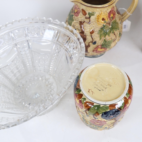 568 - A cut-crystal table centre bowl, 2 Woods Indian Tree pattern jugs and matching vase, height 18cm