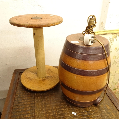 2509 - A large Vintage cotton reel, by Vermont S&B Company, dated 1914, and a ceramic keg design table lamp... 