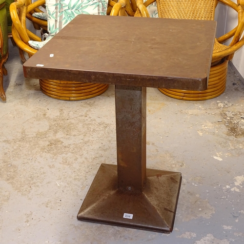 2510 - An industrial design square sheet metal pub table, W60cm, H73cm