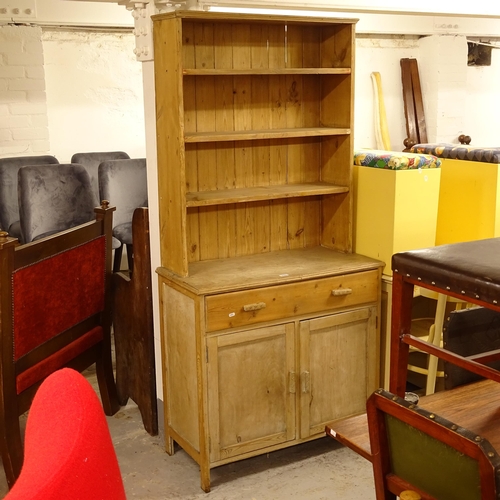 2513 - A Vintage pine and ply panelled dresser, with open shelves, and drawer and cupboard under (this is a... 