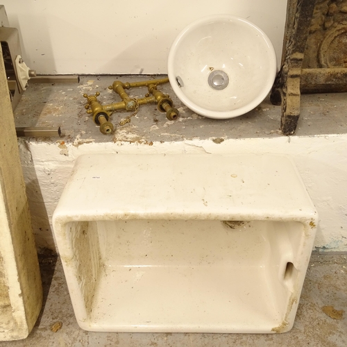 2708 - An enamelled Belfast sink, L62cm, and a small enamelled hand basin, and a pair of brass taps