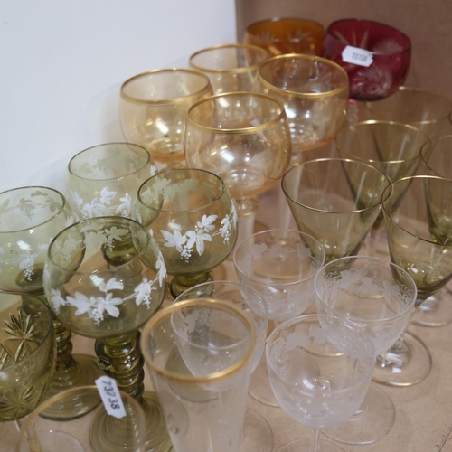 576 - A set of 4 Antique Hock glasses, with enamelled decoration, height 17cm, a set of 6 green glass gobl... 