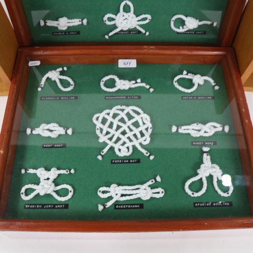 577 - 2 framed displays of ship's knots, width 48cm, and a pair of oak bookends with Royal Airforce emblem... 