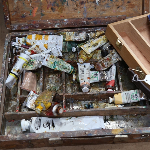 604 - 2 wooden artist's boxes, and various tubes of oil paint etc