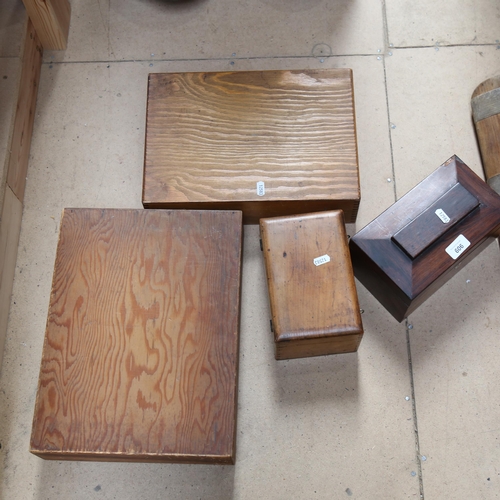 606 - 2 pine boxes, a mahogany box, and a tea caddy, length 23cm