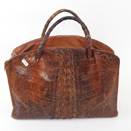 615 - Vintage crocodile skin bag with zip top, width 39cm