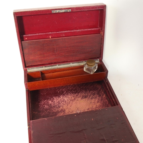 619 - Antique red leather-covered travelling writing slope, with inkwell, 30.5cm across