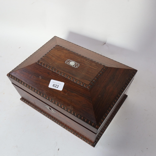 622 - Victorian rosewood workbox, with tray-fitted interior and contents including silver thimbles, width ... 