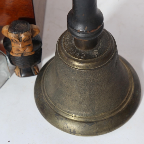 623 - A mahogany box and contents, including 2 glass bottles with silver plated tops, width 23cm, and a be... 