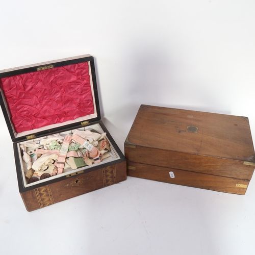 626 - A Victorian brass-bound writing slope, and a workbox with marquetry decoration, tray-fitted interior... 