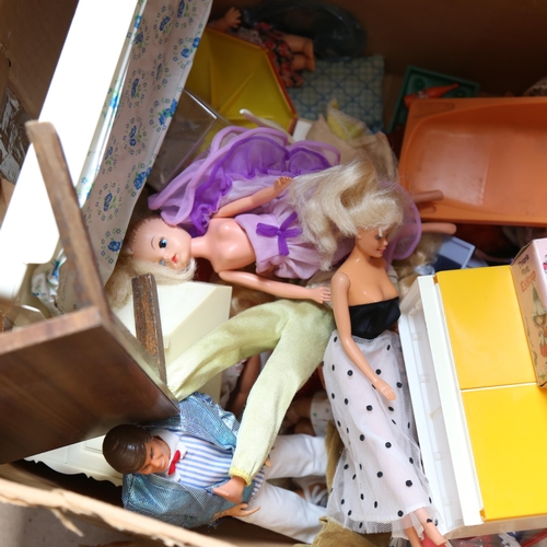 677 - Various Vintage Sindy and Barbie type dolls, and accessories, and a box of games and toy scales