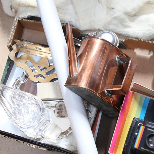 682 - Plated salver, brass pipe rack, copper half kettle, Polaroid camera etc