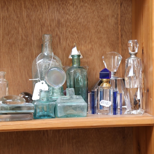 698 - 3 decorative glass scent bottles and stoppers, tallest 15cm, aqua bottles, and paperweights