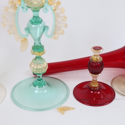 766 - 5 Venetian handblown glass decorative drinking glasses, and a candlestick, including figural swan st... 