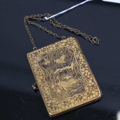 777 - A Japanese iron Komai lady's cigarette case, with allover detailed village and bird decoration, 9.5c... 