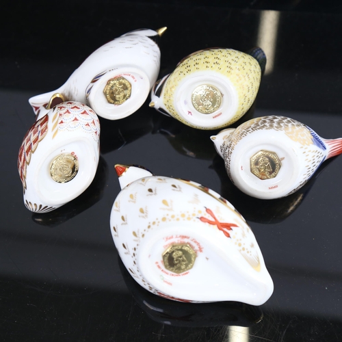 785 - 5 Royal Crown Derby porcelain bird figures, including Red Legged partridge with gold button, Crested... 