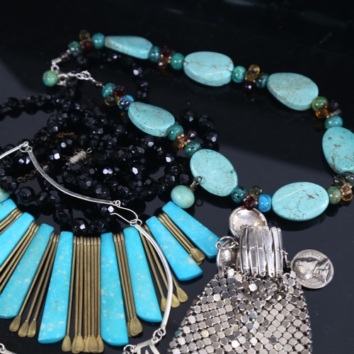 787 - Various costume jewellery, including Mexican black enamel and silver plated fringe necklace, miser's... 