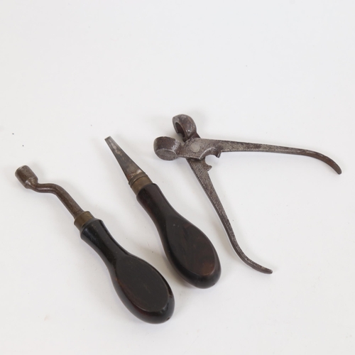 804 - Various Antique tools, including nipple wrench, screwdriver, and bullet mould set for pistol (3)