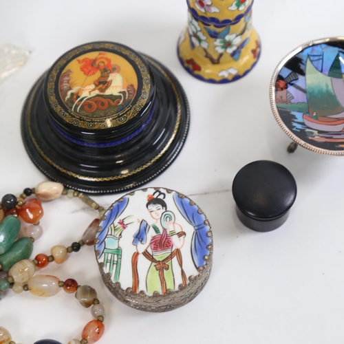 807 - Various collectables, including Russian black lacquer Palekh box, butterfly wing dish, cloisonne ena... 