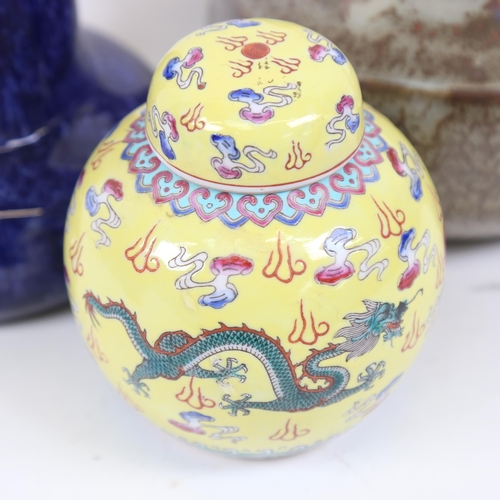 812 - A Japanese Studio pottery teapot, a Chinese yellow ground dragon ginger jar, and a Royal Doulton blu... 