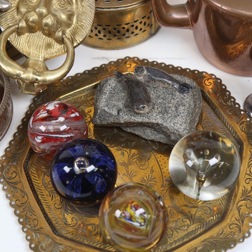 819 - Various metalware and collectables, including glass paperweights, crocodile-effect brass flagon, sil... 