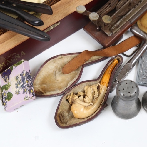 837 - Various collectables, including measuring tape, ceramic bell, Meerschaum pipe etc (boxful)