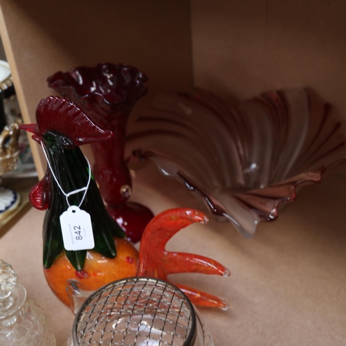 842 - Various glass, including large pink and frosted fruit bowl, Murano cockerel, scent bottles etc