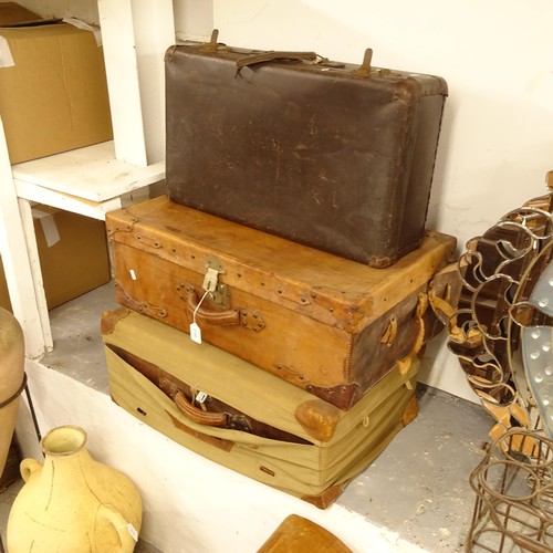 2740 - 2 Antique leather suitcases, 1 with original canvas cover, and another (3)