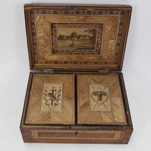 1033 - An early 19th century straw-work box, with coat of arms design to the lid, the interior having paint... 