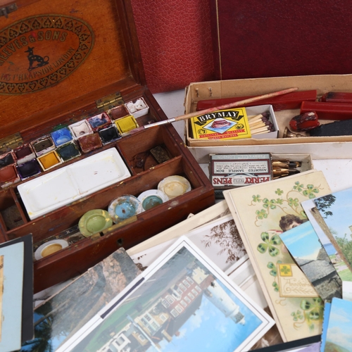 1037 - A mahogany-cased Reeves & Sons paint box, sealing wax, postcards, albums etc