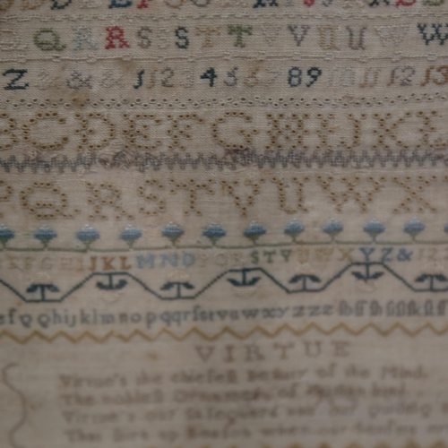 1079 - 18th century embroidered sampler, by Jane Bradly, dated 1792, in original frame, height 33cm overall