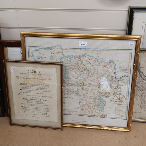 1084 - Framed Norden's Map of Windsor Forest, height 52cm overall, a framed Will of Owen Morris of Stoke-on... 