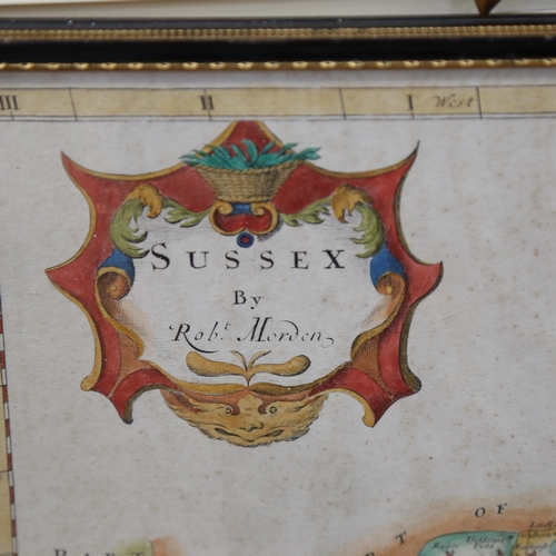 1086 - A hand coloured map of Sussex, by Robert Morden, framed, height 38cm, and a smaller Sussex map