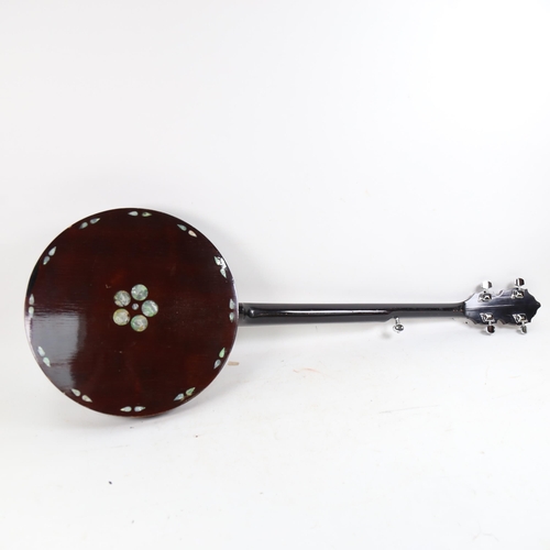 1095 - A chrome-mounted banjo, with inlaid mother-of-pearl decorated back, length 98cm