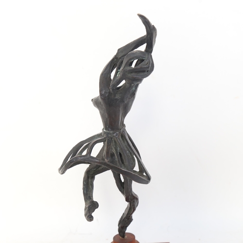 1100 - A modernist nude bronze ballerina sculpture, unsigned, on wood plinth, overall height 41cm