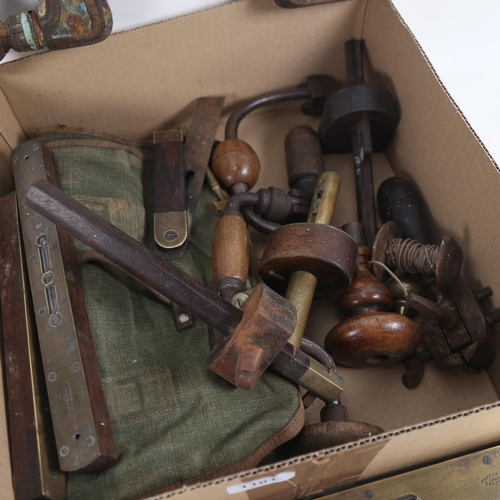 1101 - A quantity of Antique tools, including mortice gauges, spirit levels, drills etc (boxful)