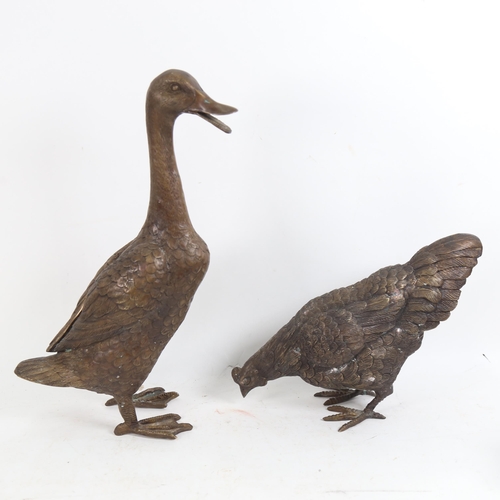 1105 - A cast-brass duck, a brass hen, and resin duck, standing duck height 40cm (3)