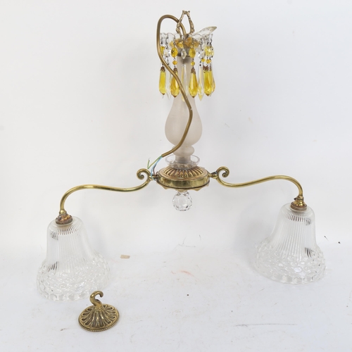 1124 - An Antique brass twin-branch ceiling light, and a brass desk lamp, with milk glass shade (2)