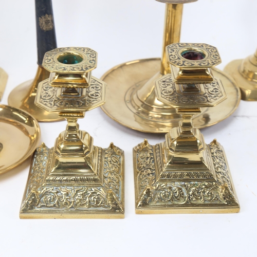 897 - Various brass candlesticks, including chamber sticks, and Victorian examples