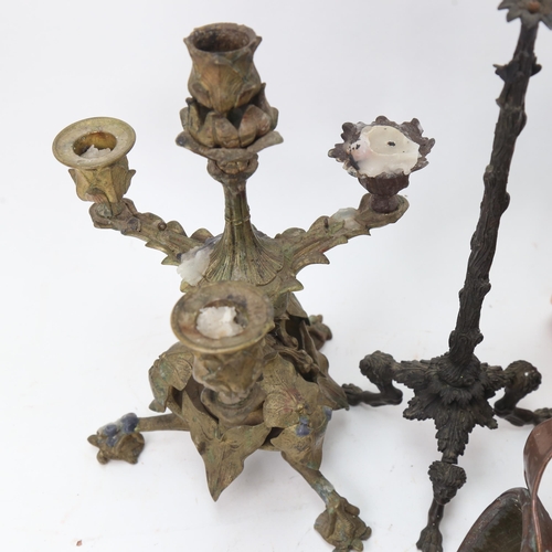 903 - A set of 3 19th century copper cone-shaped ale warming mullers, brass candelabra etc