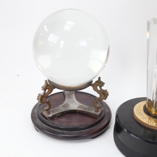 930 - Crystal ball on stand, Art Deco Maruman electric table gas lighter, brass wine coaster etc