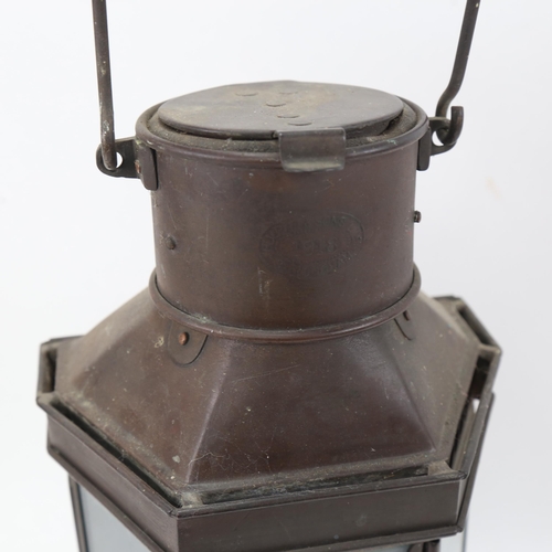 936 - An early 20th century heavy gauge copper ship's lantern, marked Bulpitt & Sons 1918, height 41cm