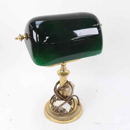 958 - A brass desk lamp with green glass shade, height 57cm