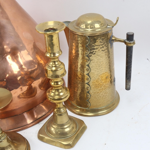 960 - An early 19th century large copper ale measure, turned brass candlesticks, Arts and Crafts brass cof... 